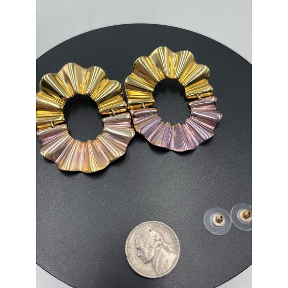 J. Crew Signed Mixed Metal Tri-Color Wavy Rippled Dangle Pierced Earrings - Picture 6 of 8